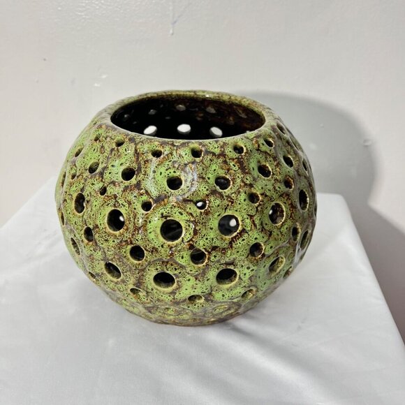Handcrafted Green Ceramic Candle Holder With Perforated‎ Design  Unique - Picture 1 of 5